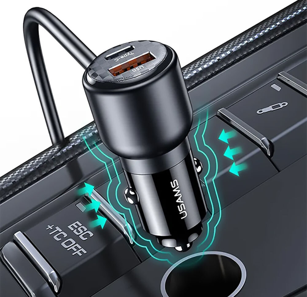 Ładowarka samochodowa USAMS C40 165W PD QC Fast Charge Czarny pięć portów o mocy wyjściowej 165 W trzy porty USB-A dwa porty USB-C szybkie ładowanie dla kilku urządzeń jednocześnie Power Delivery Quick Charge