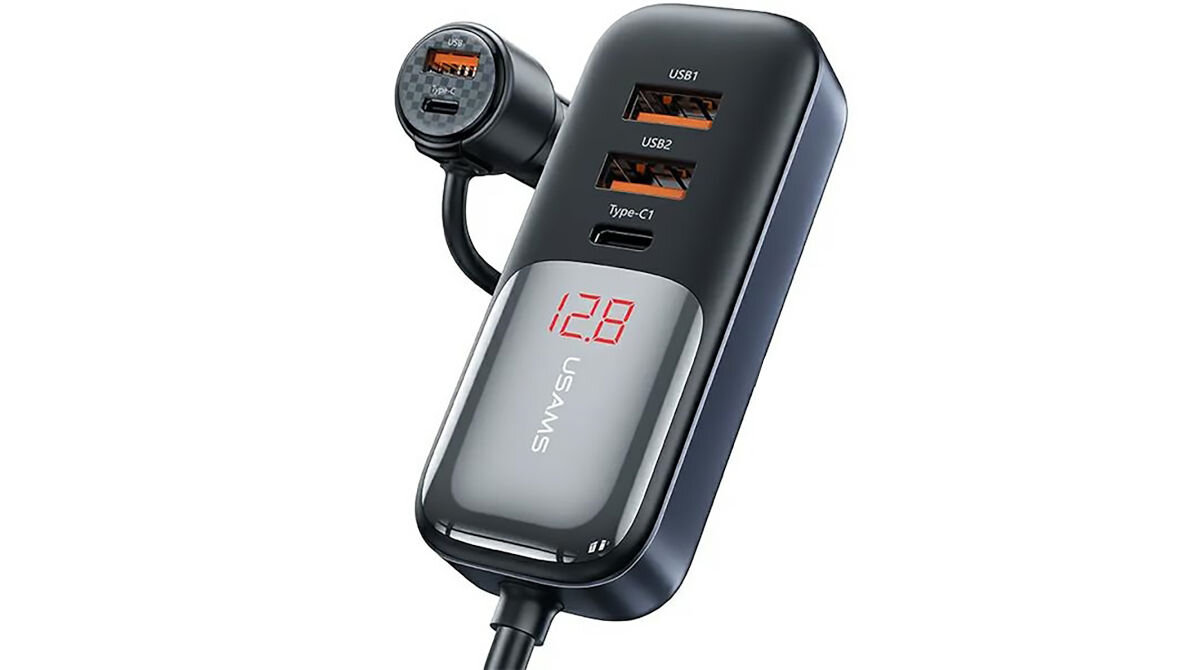 Ładowarka samochodowa USAMS C40 165W PD QC Fast Charge Czarny zintegrowany kabel zakończony listwą z dodatkowymi gniazdami i czytelnym ekranem LED