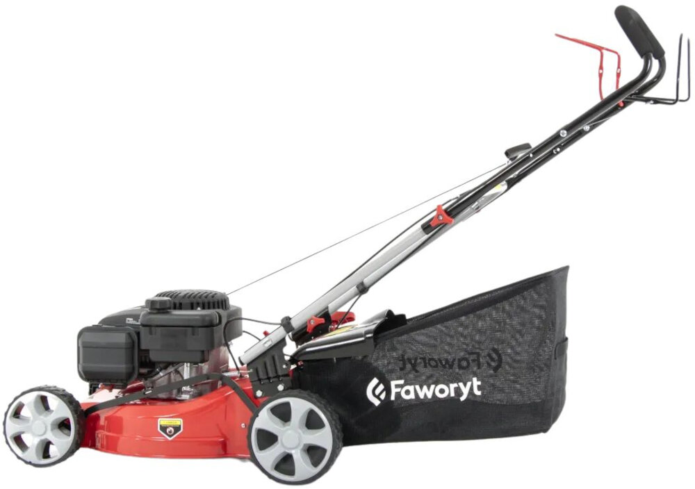 Kosiarka spalinowa FAWORYT SH46N139L Loncin LC1P65FE z napędem 460mm 2.4kW kosiarka na białym tle widoczna z boku mocny czterosuwowy silnik niezależność i duża siła cięcia do trawników o powierzchni do 1000 m2 lekka konstrukcja ergonomiczna rączka komfort manewrowania trwałe materiały