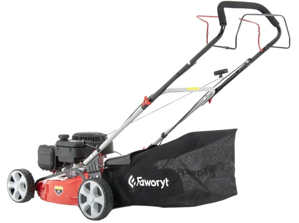 Kosiarka spalinowa FAWORYT SH46N139L Loncin LC1P65FE z napędem 460mm 2.4kW kosiarka na białym tle widoczna od tyłu pod skosem urządzenie z napędem porusza się samoczynnie możesz skoncentrować się na precyzji i tempie pracy stabilne tempo jazdy równomiernemu cięciu trawy