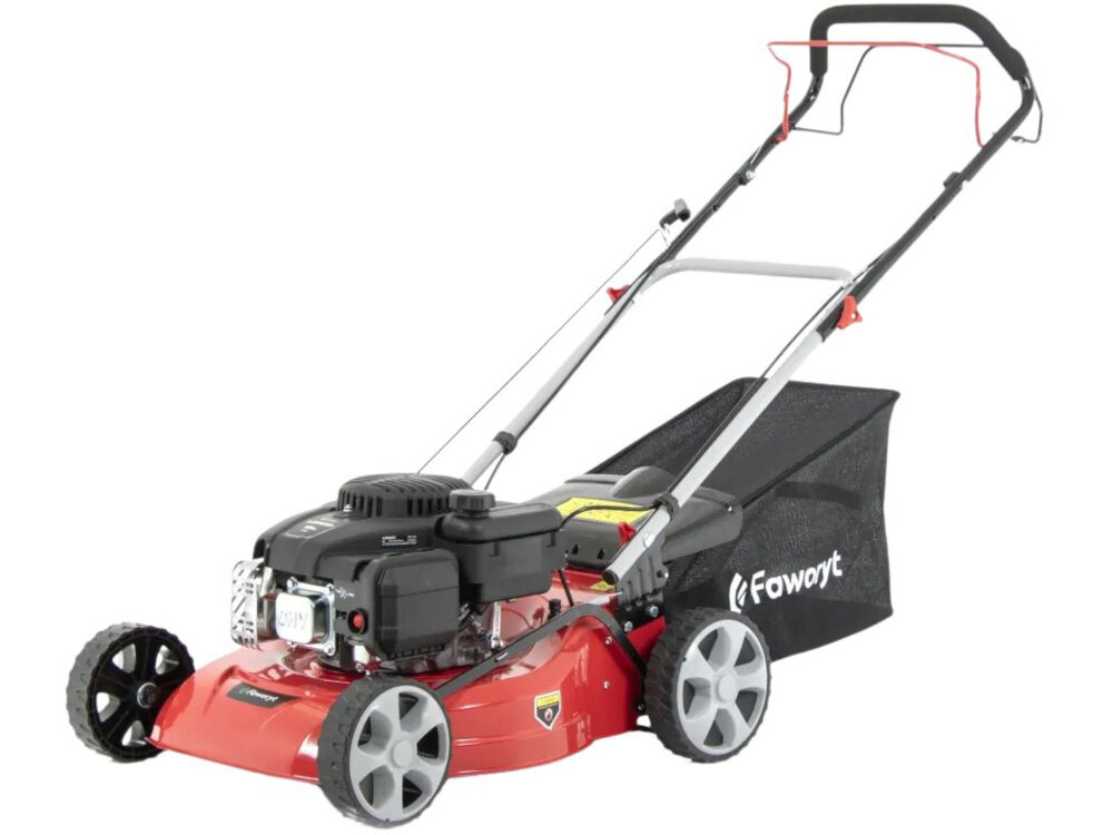 Kosiarka spalinowa FAWORYT SH46N139L Loncin LC1P65FE z napędem 460mm 2.4kW kosiarka na białym tle widoczna od przodu pod skosem dźwignia hamulca funkcja wyłącznika zapłonu natychmiast zatrzymać silnik i element tnący w sytuacjach awaryjnych pełna kontrola nad urządzeniem bezpieczna praca