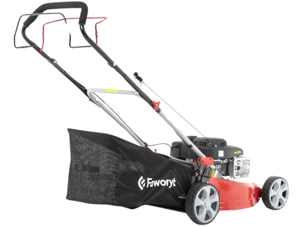 Kosiarka spalinowa FAWORYT SH46N139L Loncin LC1P65FE z napędem 460mm 2.4kW kosiarka na białym tle widoczna od tyłu pod skosem siatkowy kosz o pojemności 60 l wskaźnik napełnienia można uniknąć przepełnienia i przerw w pracy pełna kontrola nad procesem koszenia