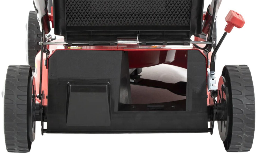 Kosiarka spalinowa FAWORYT SH46N139L Loncin LC1P65FE z napędem 460mm 2.4kW kosiarka na białym tle widoczna od tyłu wytrzymała obudowa wykonana ze stali o wadze 23,4 kg trwałość odporność na uszkodzenia mechaniczne stalowa konstrukcja oferuje większą stabilność i dłuższą żywotność