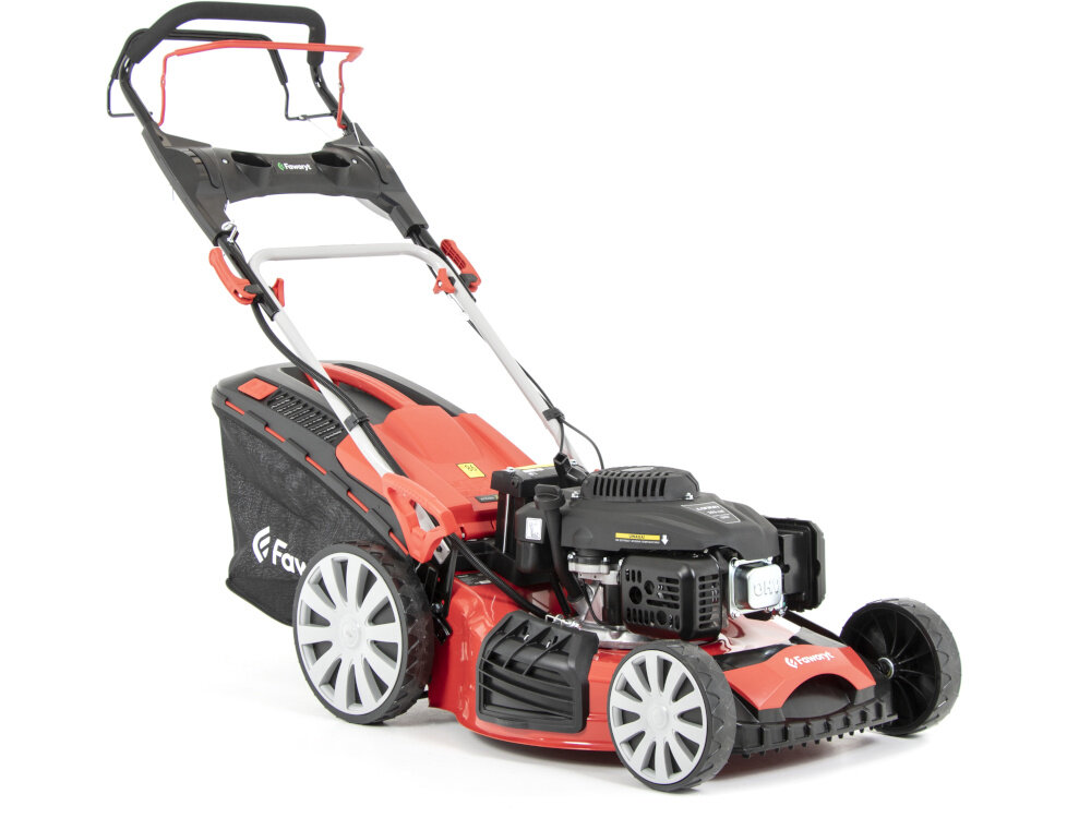 Kosiarka spalinowa FAWORYT SH51N196LE-4W1 Loncin V200 z napędem 510mm 3.7kW obudowa z bardzo wysokiej jakosci stali odpornosc na uderzenia dzialanie warunkow atmosferycznych w czerwono-czarnym kolorze