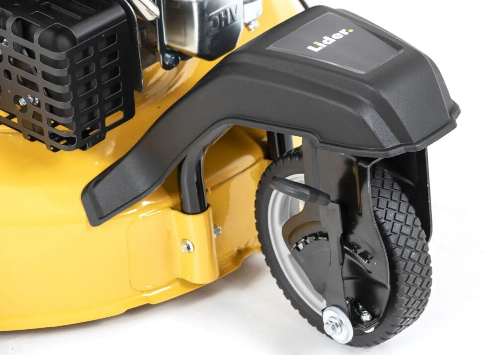 Kosiarka spalinowa LIDER DK20N224T Ducar DV224 510mm 4.4kW zbliżenie na przednie koło trójkołowy design kosiarki z przednim kołem skrętnym o 360° zwrotność precyzję manewrowania przednie koło o średnicy 17,5 cm tylne o średnicy 25,5 cm stabilność płynne prowadzenie łożyska kulkowe minimalizują tarcie ułatwiają manewrowanie zmniejszają zużycie mechaniczne