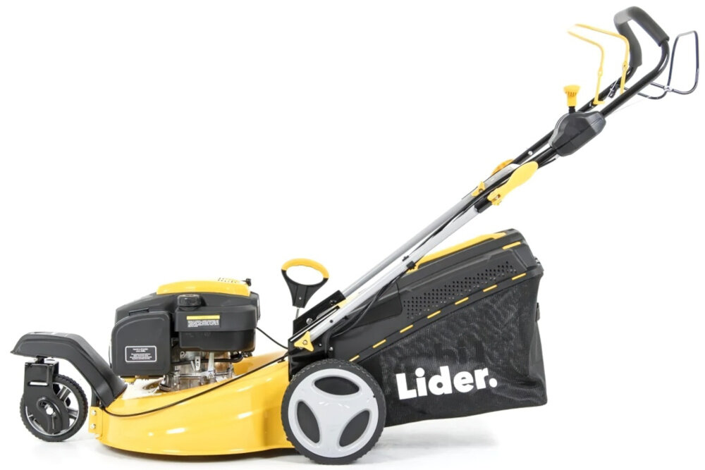 Kosiarka spalinowa LIDER DK20N224T Ducar DV224 510mm 4.4kW kosiarka na białym tle widoczna z boku silnik z pionowym wałem napędowym żeliwna tuleja cylindra trwałość odporność na zużycie ręczne ssanie i rozrusznik poziom hałasu na poziomie około 98 dBA