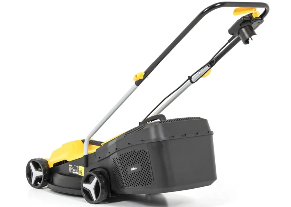 Kosiarka elektryczna LIDER YK1002 1000W 310mm kosiarka na białym tle widoczna od tyłu pod skosem noże wykonane z wysokiej jakości stali duża trwałość odporność na stępienie specjalne wyprofilowanie ostrzy skuteczne i równe cięcie