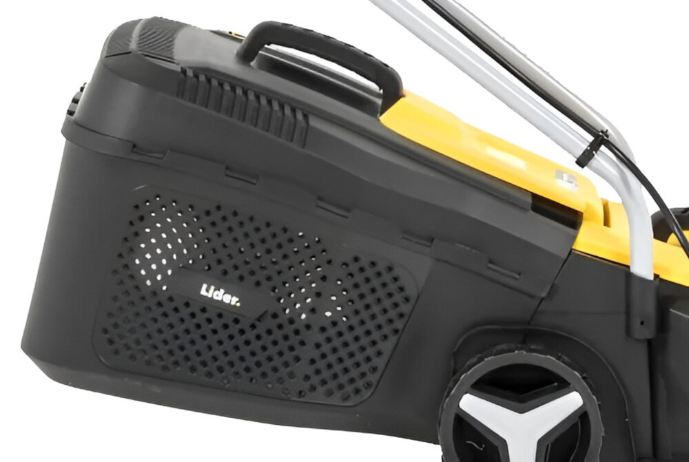 Kosiarka elektryczna LIDER YK1002 1000W 310mm zbliżenie na kosz kosz o pojemności 25 l z trwałego tworzywa sztucznego lekka konstrukcja łatwy system mocowania uchwyt