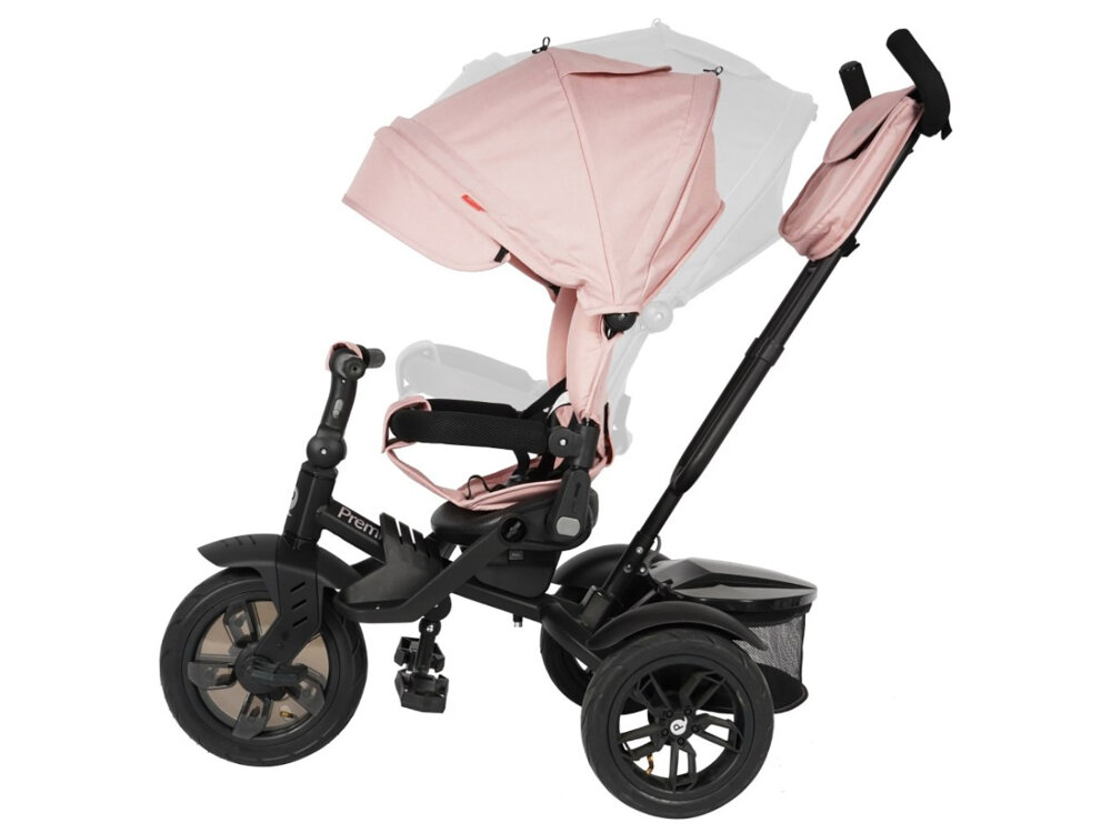 Trójkołowiec QPLAY Premium Różowy siedzisko wygodne wyprofilowane mozliwosc obrotu przodem lub tylem do kierunku jazdy wysokosc 45 cm regulowane oparcie miekka oddychajaca poduszka wyprofilowane zabezpieczenie ochrona glowy plecow i bokow