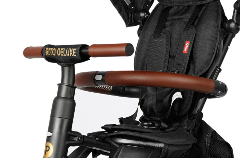 Trójkołowiec QPLAY Rito Deluxe Rubber Czarny bezpieczenstwo dziecka pieciopunktowe pasy bezpieczenstwa regulowane barierka zabezpieczajaca dla dzieci w wieku od 10 miesiaca zycia do 3 lat maksymalna waga do 20 kg
