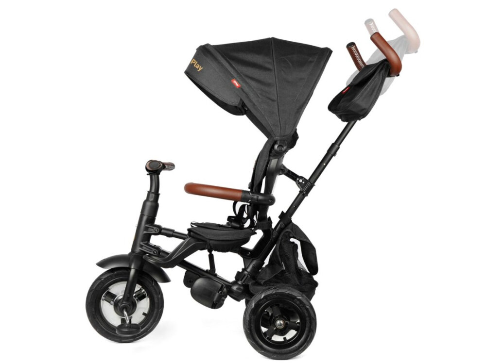 Trójkołowiec QPLAY Rito Deluxe Rubber Czarny kola bezdetkowe z wysokiej jakosci tworzywa sztucznego funkcja wolnego kola wolna kierownica prowadnik dwustopniowa regulacja 82 lub 96 cm