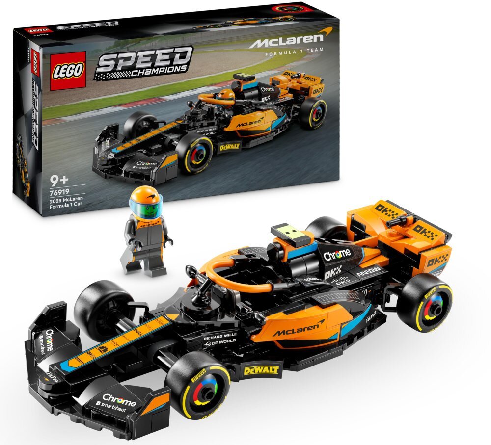 LEGO 76919 Speed Champions Samochód wyścigowy McLaren Formula 1 wersja 2023 klocki elementy zabawa łączenie figurki akcesoria figurka zestaw