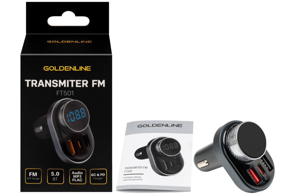 Transmiter FM GOLDENLINE FT501 Zdjęcie przedstawia produkt w całości: na górze czarno-złote opakowanie transmitera FM GOLDENLINE FT501, a na dole instrukcja obsługi i sam transmiter z widoczną częstotliwością 108.8 MHz na wyświetlaczu.