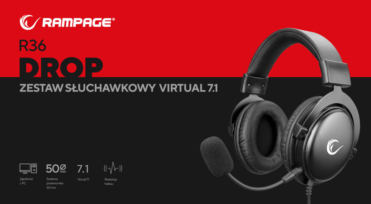 Słuchawki RAMPAGE Drop R36 dźwięk przestrzenny 7.1 redukcja hałasu