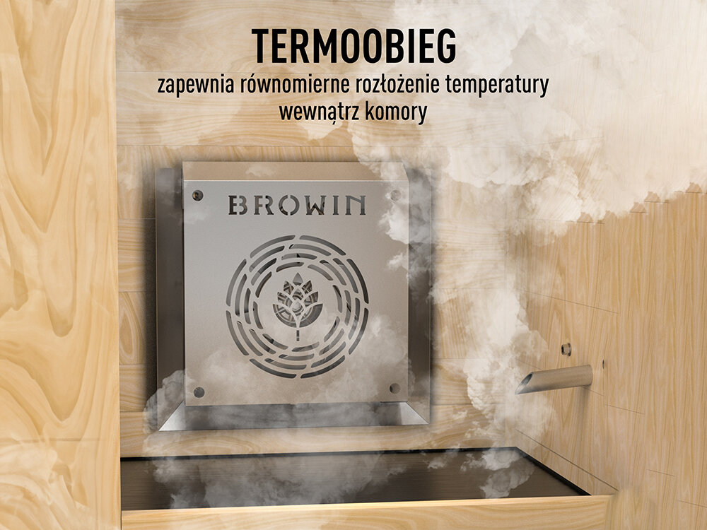Wędzarnia BROWIN 330339 wydajna grzałka moc 1500 W termoobieg szybkie równomierne rozchodzenie ciepła w komorze efektywne wędzenie oszczędność energii termoobieg wspomaga proces wędzenia i osuszania lepsze efekty w krótszym czasie