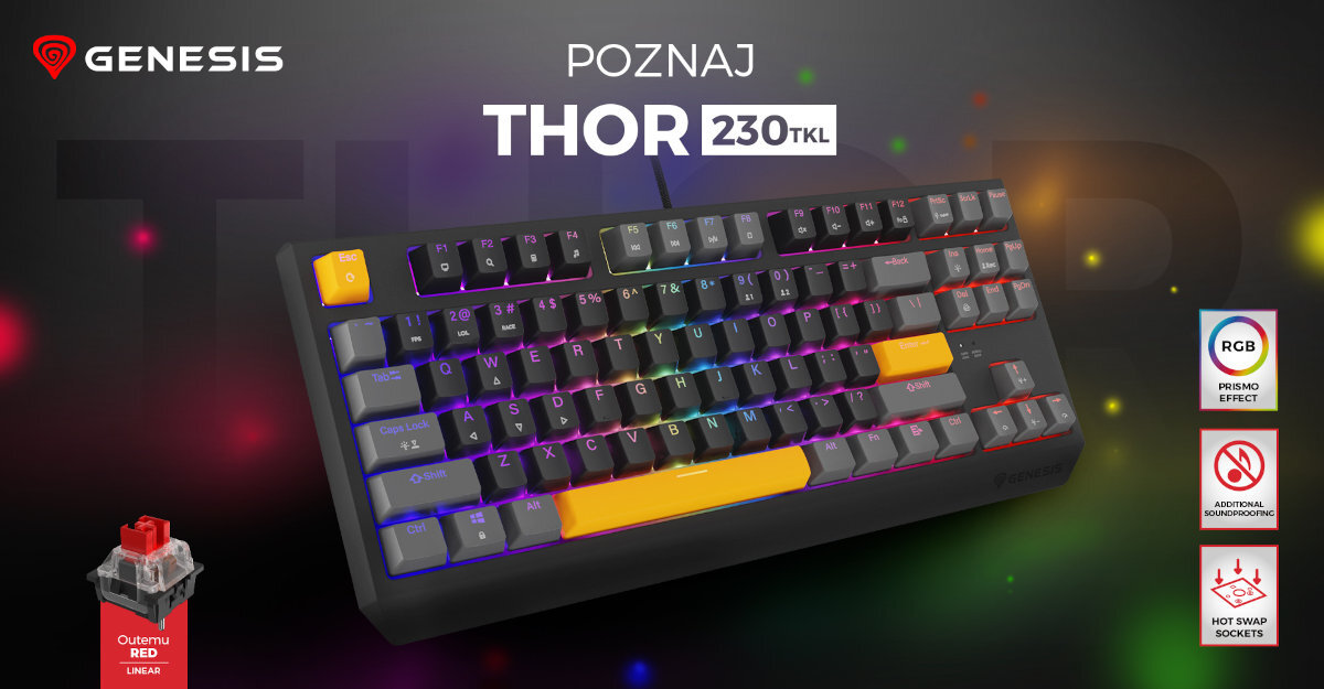 GENESIS Thor 230 TKL konstrukcją non-floating system Hot Swap Double Injection piankę wyciszającą fabrycznie nasmarowane stabilizatory rozmiar TKL - klawiatura na ciemnym tle