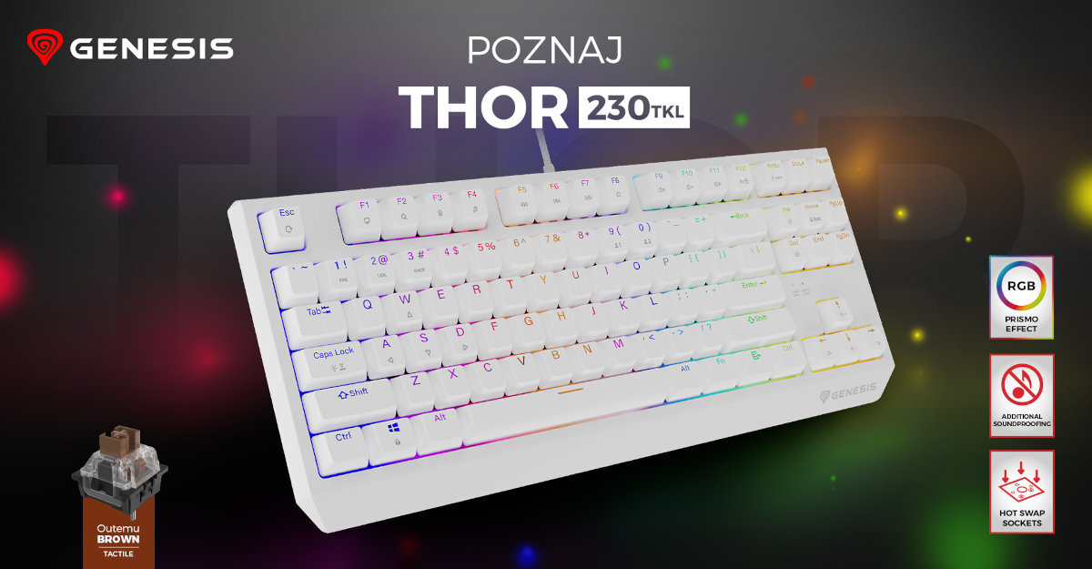 GENESIS Thor 230 TKL konstrukcją non-floating system Hot Swap Double Injection piankę wyciszającą fabrycznie nasmarowane stabilizatory rozmiar TKL - klawiatura na ciemnym tle