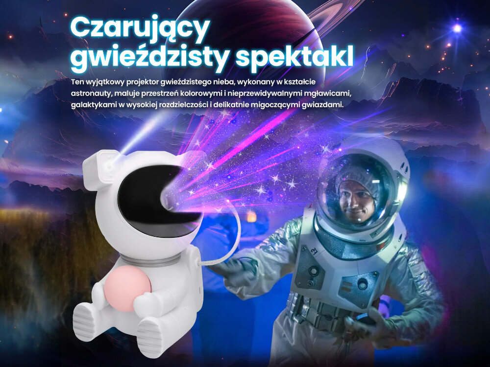 Projektor gwiazd EXTRALINK Home Astronauta Księżyc 06, gwiazdy, księżyc, relaks, kosmos, projektor w kosmicznym tle z opisem czarujący gwieździsty spektakl