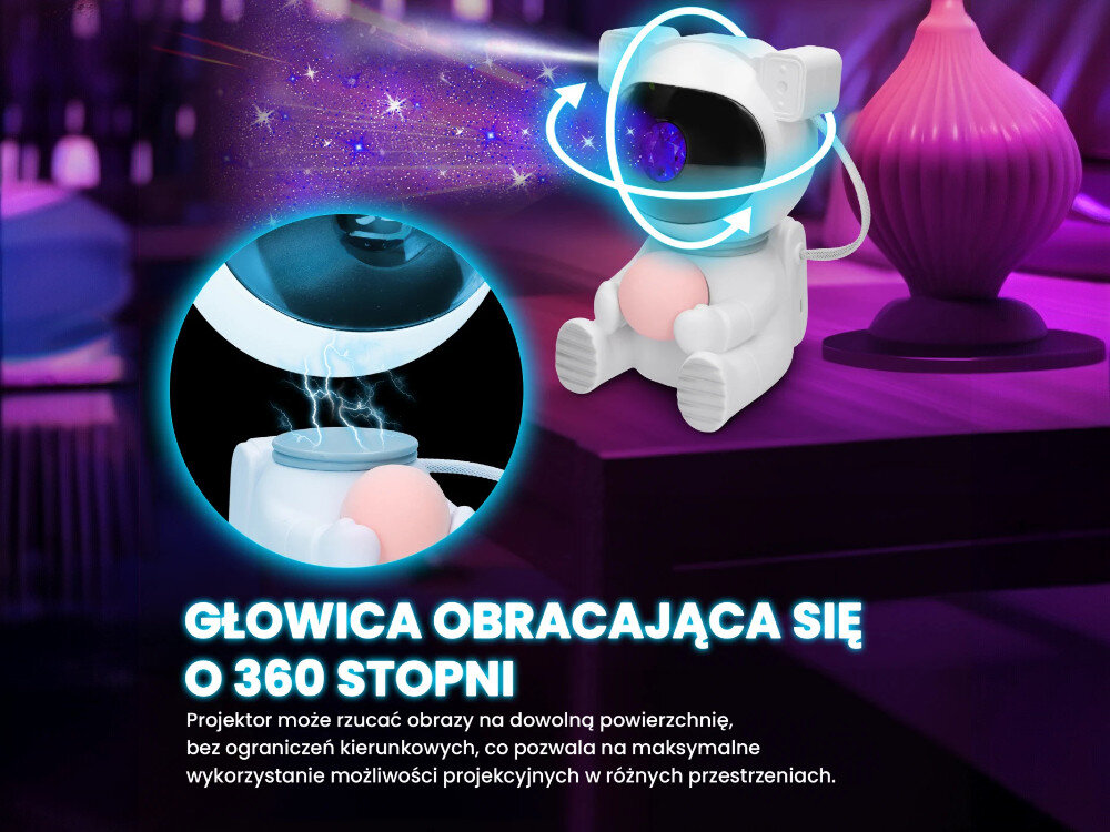 Projektor gwiazd EXTRALINK Home Astronauta Księżyc 06, projekcje, tryby, rotacja, jasność, na białym tle projektor w 2 ustawieniach wraz z opakowaniem fabrycznym