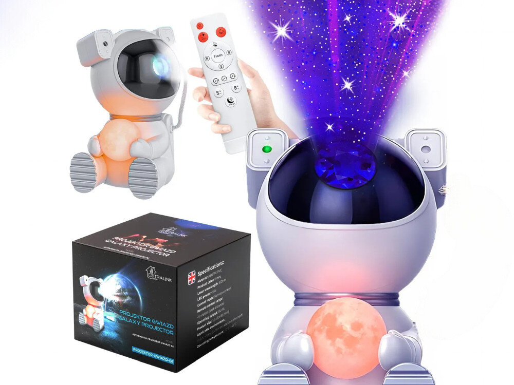 Projektor gwiazd EXTRALINK Home Astronauta Księżyc 06, lasery, zasilanie, bezpieczeństwo, energia, projektor stoi na stoliku, w tle zdjęcie pilota i tylnich przycisków