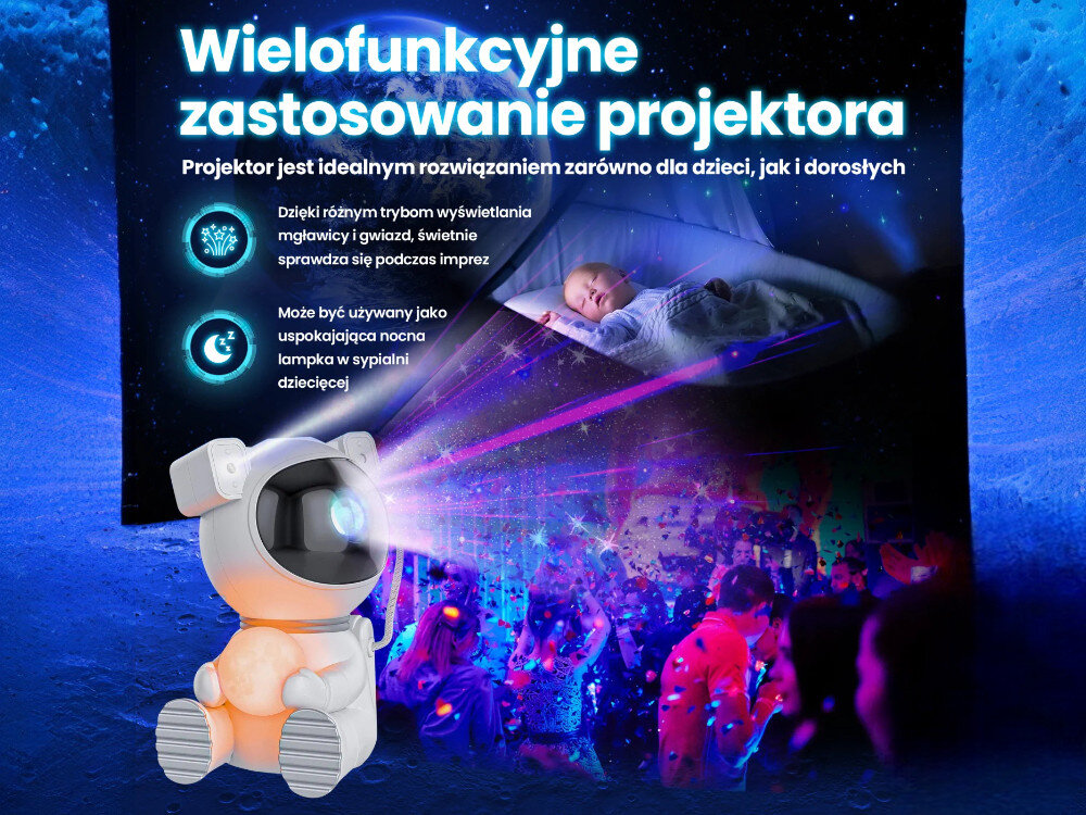 Projektor gwiazd EXTRALINK Home Astronauta Księżyc 06, relaks, dzieci, medytacja, zabawa, projektor na pierwszym planie, w tle napis wielofunkcyjne zastosowanie