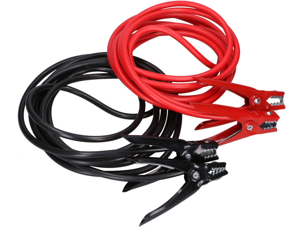 Przewody rozruchowe EXTRALINK EX.31962 przewody na białym tle mocne uchwyty z solidnymi sprężynami trwały kontakt z zaciskami akumulatora zmniejsza ryzyko iskrzenia i utraty napięcia skuteczniejsze przewodzenie prądu i sprawniejsze uruchamianie pojazdu