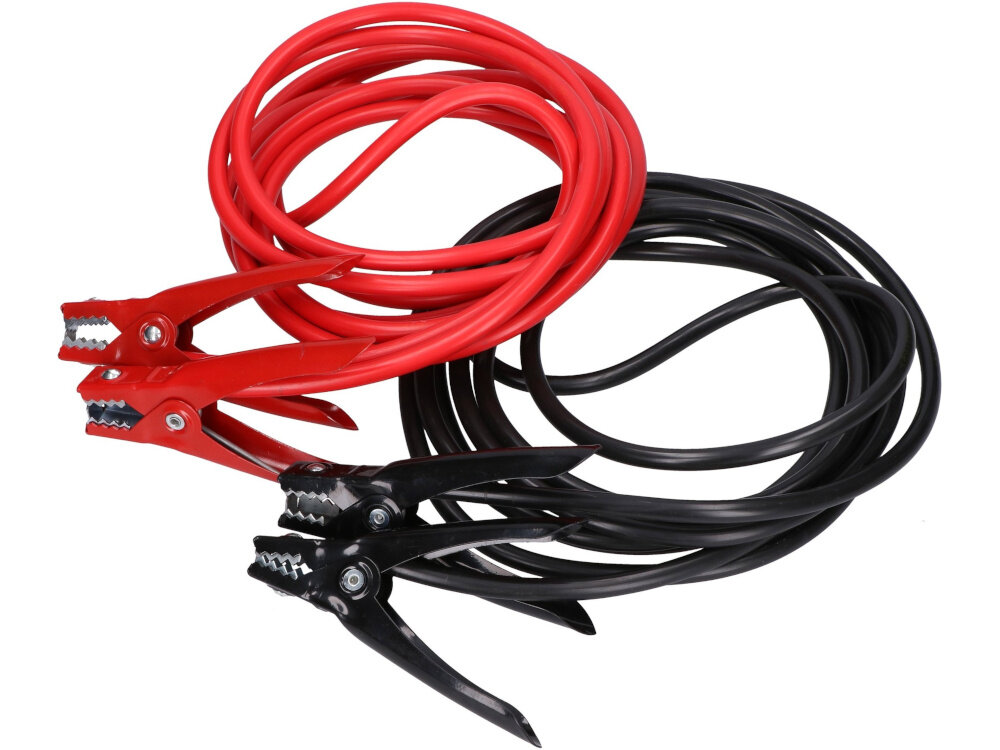 Przewody rozruchowe EXTRALINK EX.31962 przewody na białym tle czerwony kolorowe oznaczenia dla bieguna dodatniego (+) czarny dla ujemnego (–) szybkie i intuicyjne podłączenie prosty montaż wysoka skuteczność działania