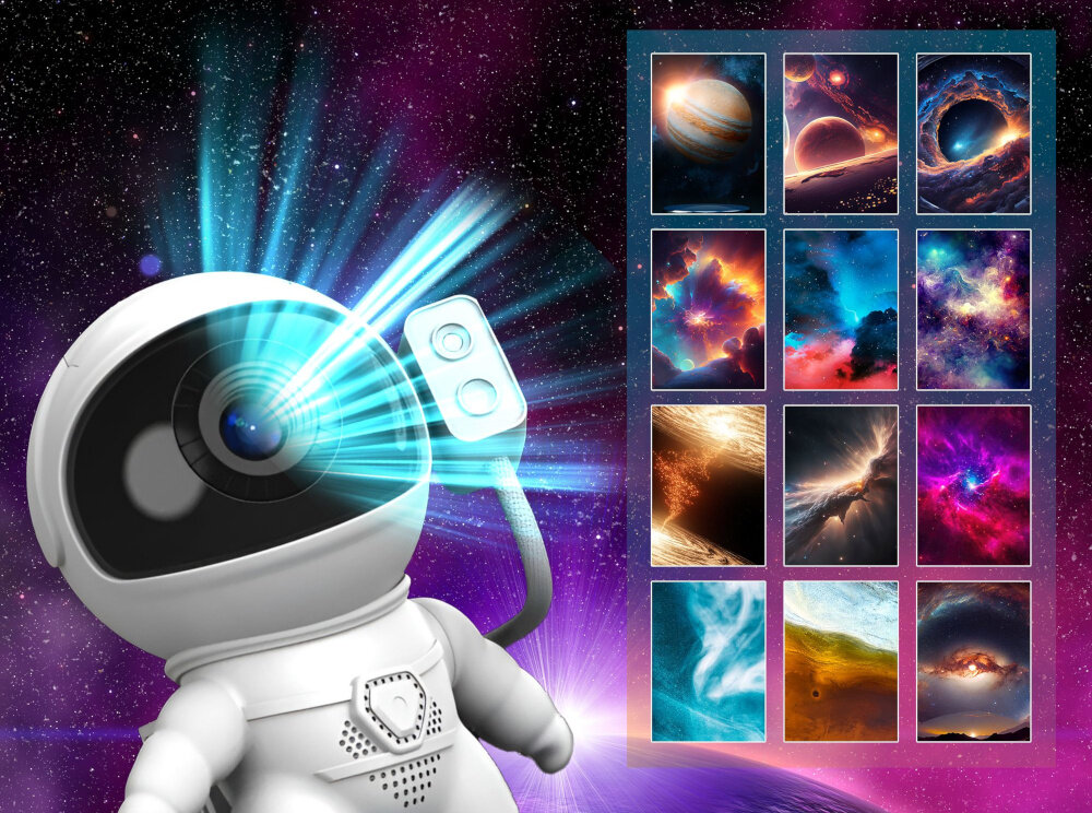 Projektor gwiazd EXTRALINK Home Astronauta Rakieta 07 projektor na tle nieba widoczne klisze lampka nocna rzutnik niezwykłe iluminacje na ścianach i suficie 12 wymiennych klisz