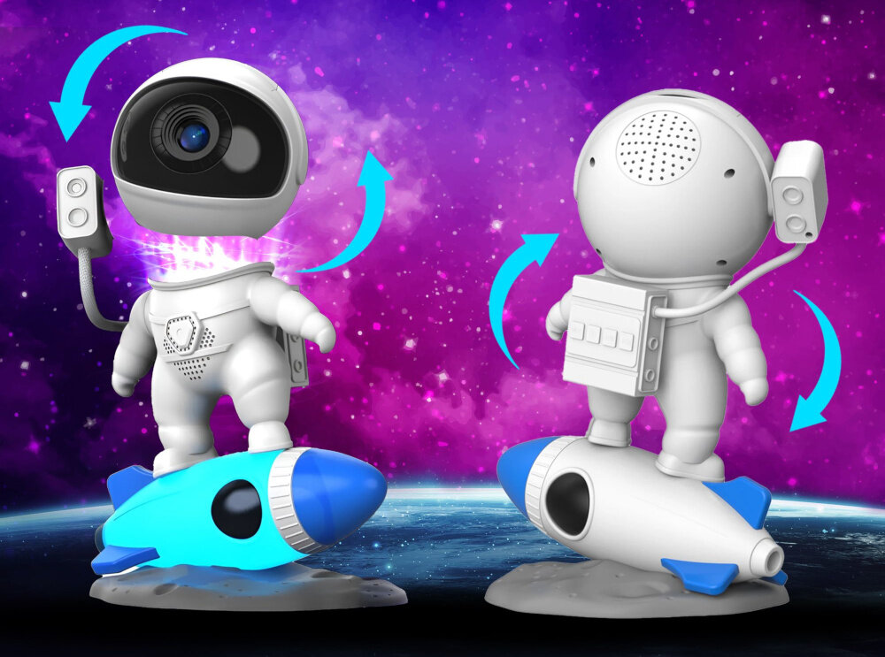 Projektor gwiazd EXTRALINK Home Astronauta Rakieta 07 projektor na tle nieba widoczny od przodu i od tyłu obracająca się głowica w zakresie 360° realistyczny efekt przestrzeni kosmicznej ruchome światła pobudza wyobraźnię i zachęca do odkrywania tajemnic wszechświata