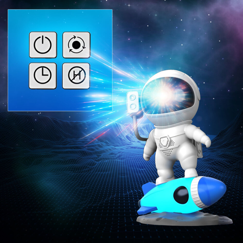 Projektor gwiazd EXTRALINK Home Astronauta Rakieta 07 projektor na tle nieba ikony obsługa za pomocą pilota zdalnego sterowania zasilanego dwoma bateriami typu AAA przyciskami na figurce astronauty zasięg do 5 metrów dostosować efekt świetlny
