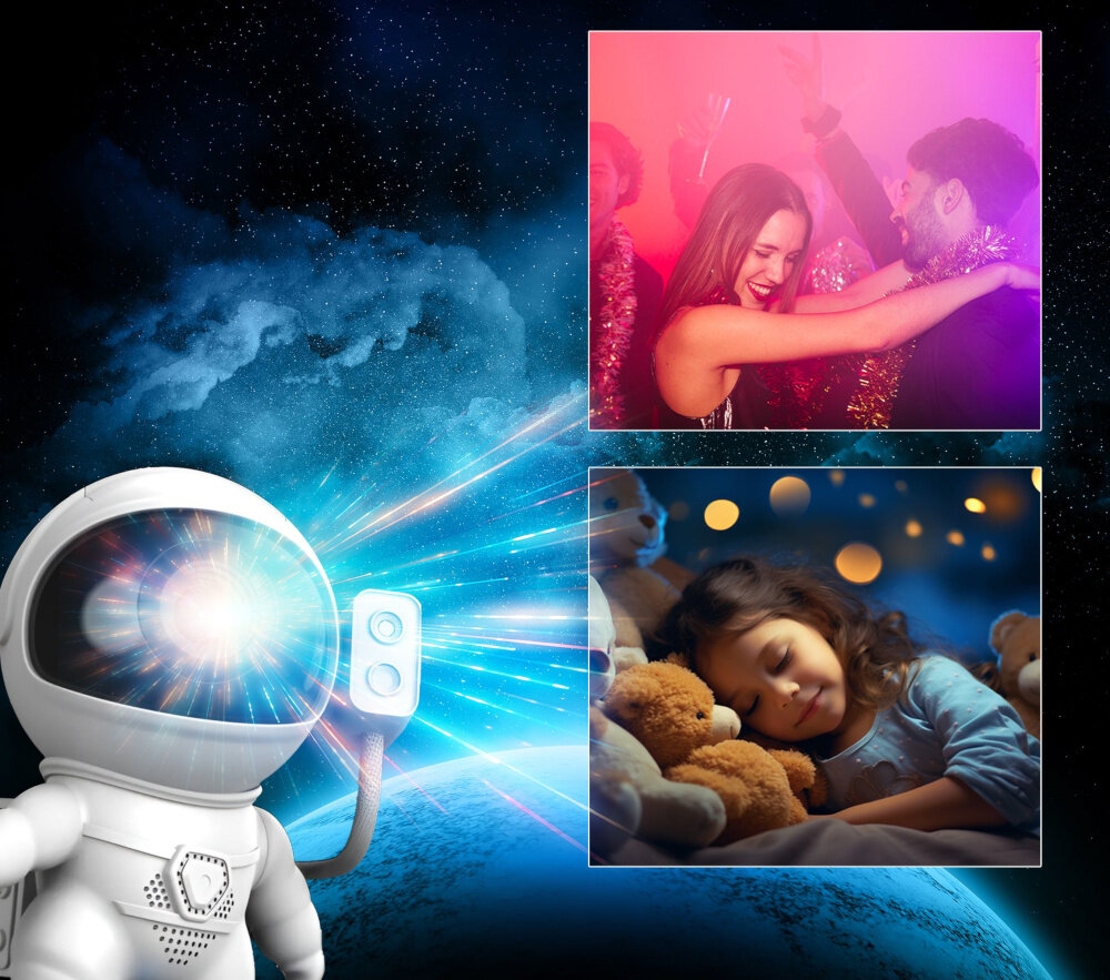 Projektor gwiazd EXTRALINK Home Astronauta Rakieta 07 projektor na tle nieba tańcząca para śpiące dziecko z lekkiego tworzywa sztucznego waga 0,35 kg zasilanie przez kabel USB-A/USB-C napięcie wejściowe 5 V = 1 A energooszczędny i bezpieczny w użytkowaniu