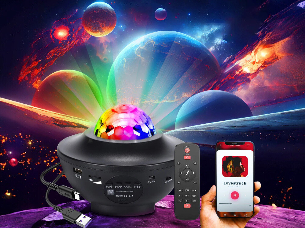 Projektor gwiazd EXTRALINK Home Kula 09, projekcje, rotacja, kolory, tryby, projektor z pilotem i aplikacją na tle kosmosu