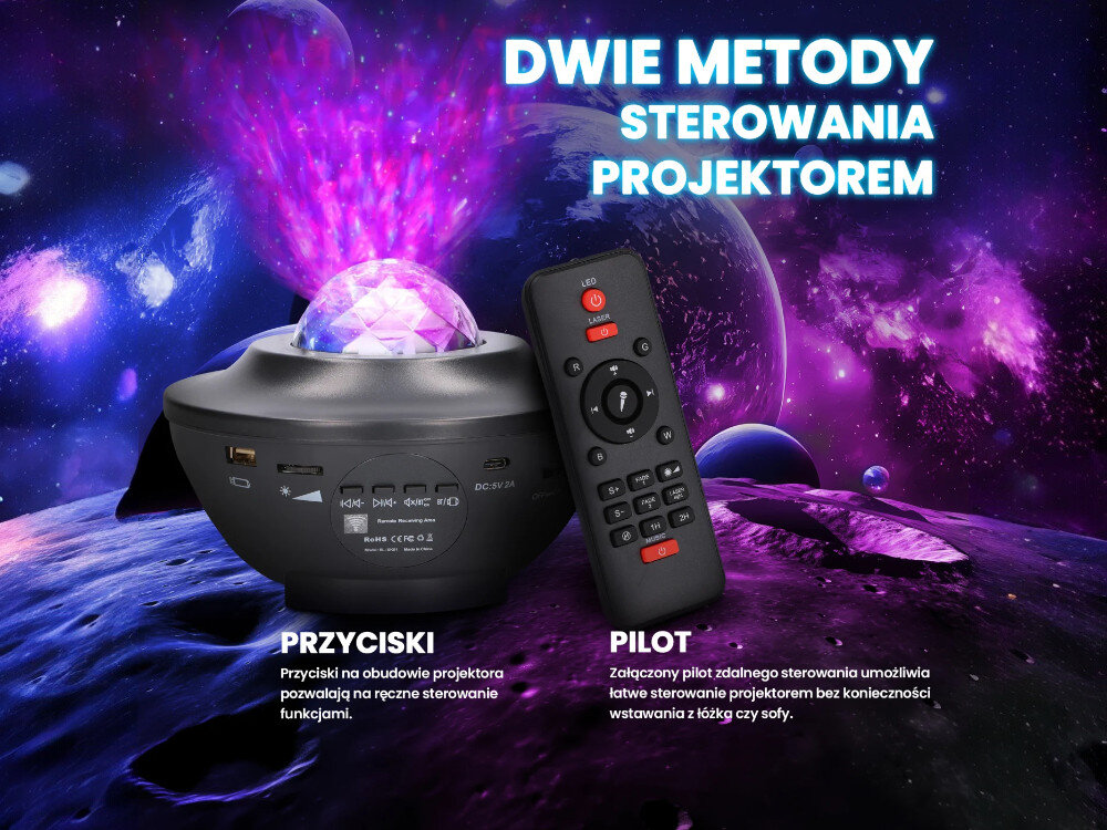 Projektor gwiazd EXTRALINK Home Kula 09, pilot, timer, przyciski, sterowanie, projektor z pilotem na tle kosmosu z napisem dwie metody