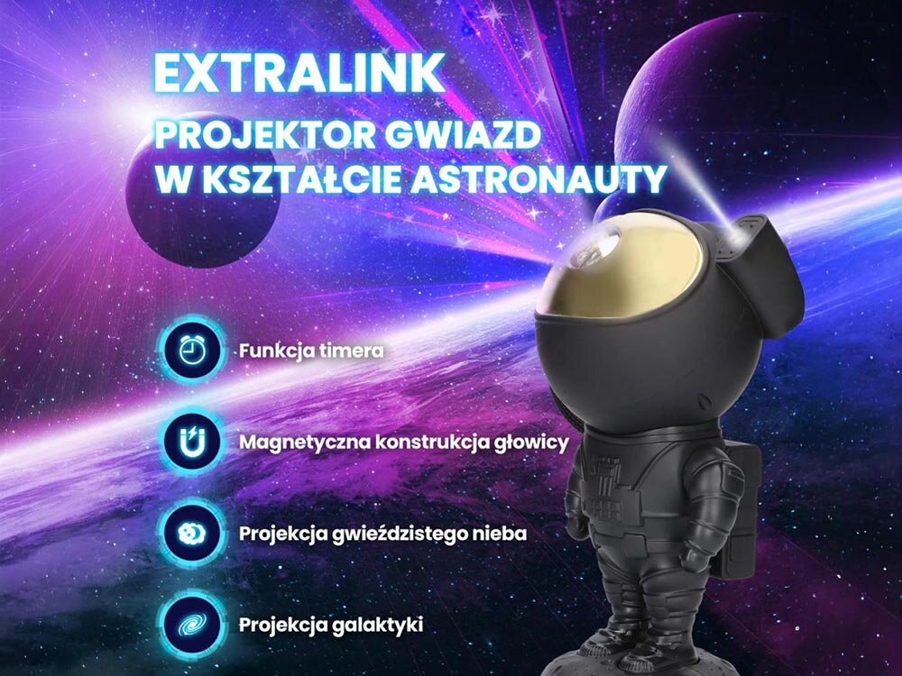 Projektor gwiazd EXTRALINK Home Astronauta 04 Black, gwiazdy, galaktyka, niebo, astronauta, Extralink projektor gwiazdy z kształtem astronauty: timer, magnes, projekcja nieba, galaktyki.