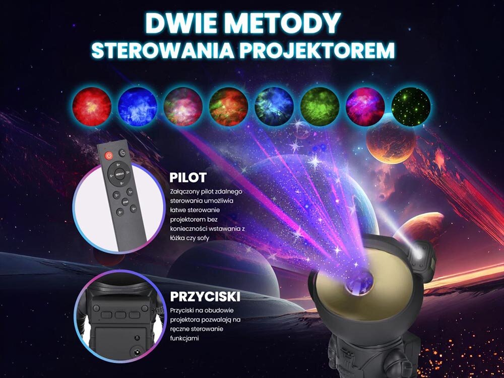 Projektor gwiazd EXTRALINK Home Astronauta 04 Black, projekcja, obrót, RGB, efekty, Dwie metody sterowania projektorem: pilot zdalnego sterowania i przyciski dotykowe, kolorowe projekcje gwiazd i planet.