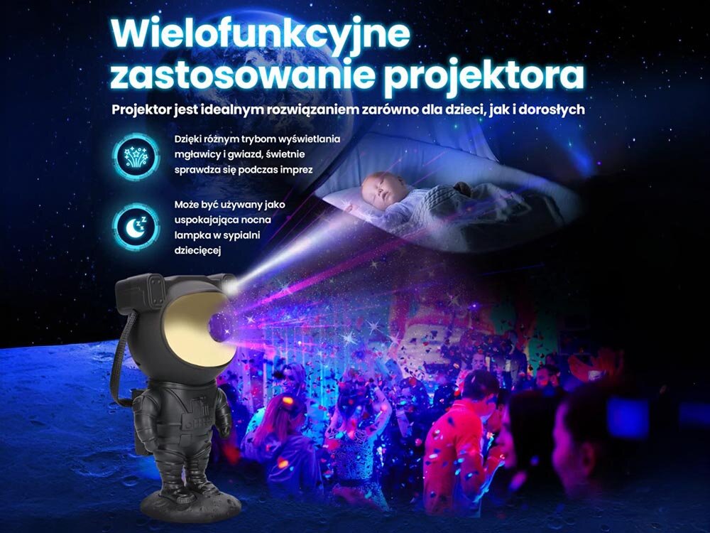 Projektor gwiazd EXTRALINK Home Astronauta 04 Black, relaks, nauka, lampka, prezent, Wielofunkcyjny projektor astronauta z lampką nocną, tryb sypialniany, wyświetlanie gwiazd, obrotowa głowica 360°.