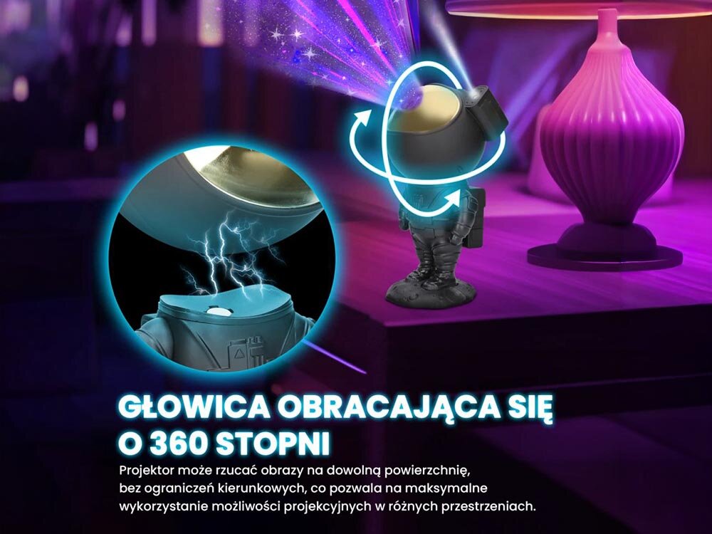 Projektor gwiazd EXTRALINK Home Astronauta 04 Black, montaż, obrót, kąt, design, Głowica obracająca się o 360° w projektorze astronauta, precyzyjne ruchy, pełna kontrola, efekty świetlne.