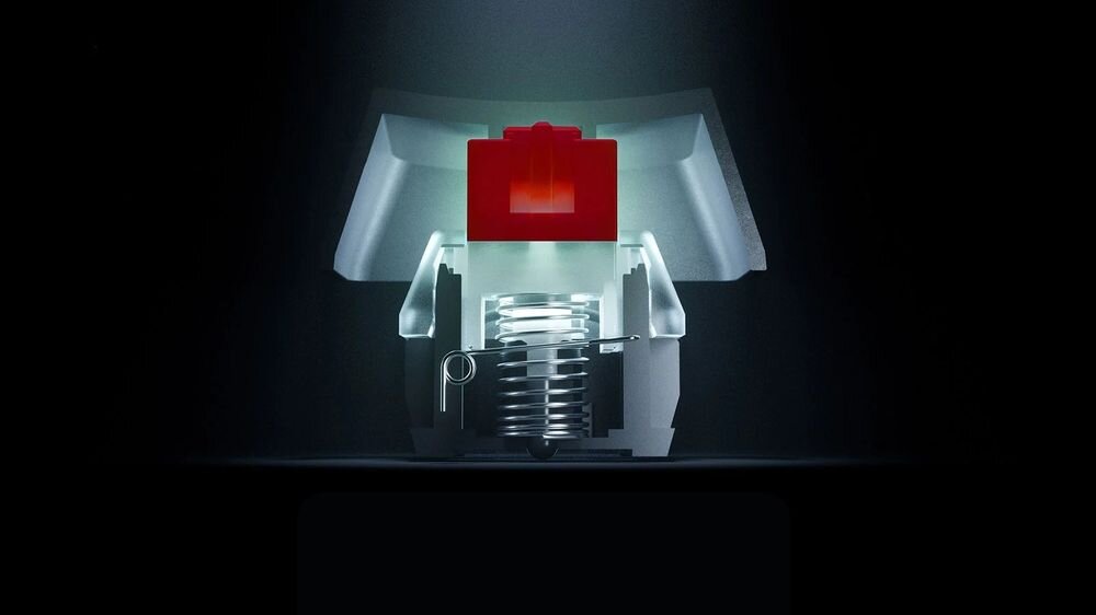 Klawiatura RAMPAGE Rebel Mechaniczne przełączniki Red Switch płynną, liniową pracą lekkim skokiem klawisza jest rejestrowane w bardzo szybkim tempie - przekrój czerwonego przełącznika