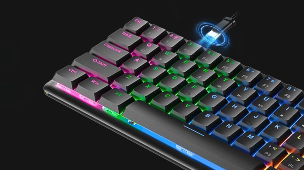 Klawiatura RAMPAGE Rebel Solidna konstrukcja mechaniczne przełączniki Wysoka trwałość elementów Wytrzymałość - klawiatura od góry z kablem usb-c