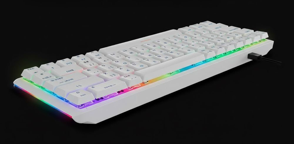 Klawiatura RAMPAGE Rebel Smukła, niskoprofilowa forma Obniżona wysokość klawiszy Kompaktowy format 65% - klawiatura od tyłu na czarnym tle pod kątem