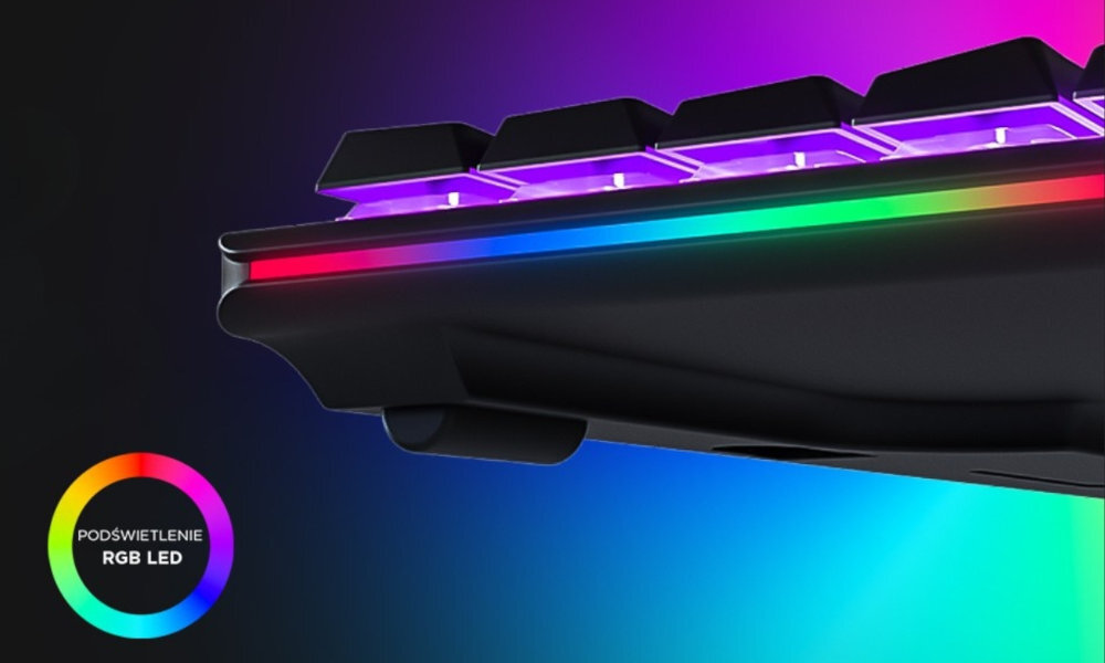 Klawiatura RAMPAGE Rebel Podświetlenie Rainbow Równomierny efekt świetlny Estetyczne światło - zbliżenie na oświetlenie rgb