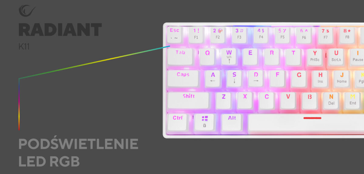 Klawiatura RAMPAGE Radiant K11 Biały podświetlenie RGB personalizacja klawisze pudding