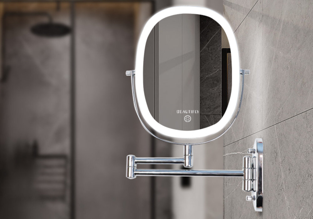 DWUSTRONNE LUSTERKO BEAUTIFLY PODŚWIETLANE DUAL SIDE 7X WALL MIRROR jakość obraz detal funkcja siedmiokrotnego powiększenia makijaż wygląd pielęgnacja