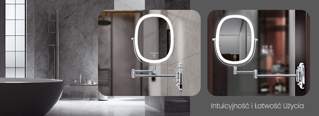 DWUSTRONNE LUSTERKO BEAUTIFLY PODŚWIETLANE DUAL SIDE 7X WALL MIRROR łatwość użycia ustawienia łatwe włączenie wyłączenie dostosowanie preferencje potrzeby ciepłe naturalne chłodne możliwości
