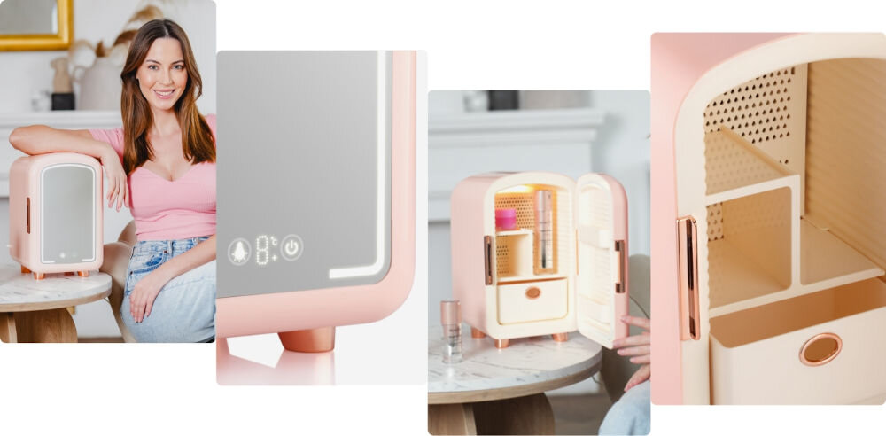 Lodówka kosmetyczna BEAUTIFLY Blush Cosmetic Refrigerator With Led Mirror pojemność 7 l elegancja funkcjonalność wyjątkowa lustrzane drzwi oświetlenie LED wykonanie makijażu energooszczędna ekologiczna praktyczne zdejmowane półki łatwa organizacja kosmetyków kompaktowe rozmiary niska waga idealny towarzysz w domu i podróży  