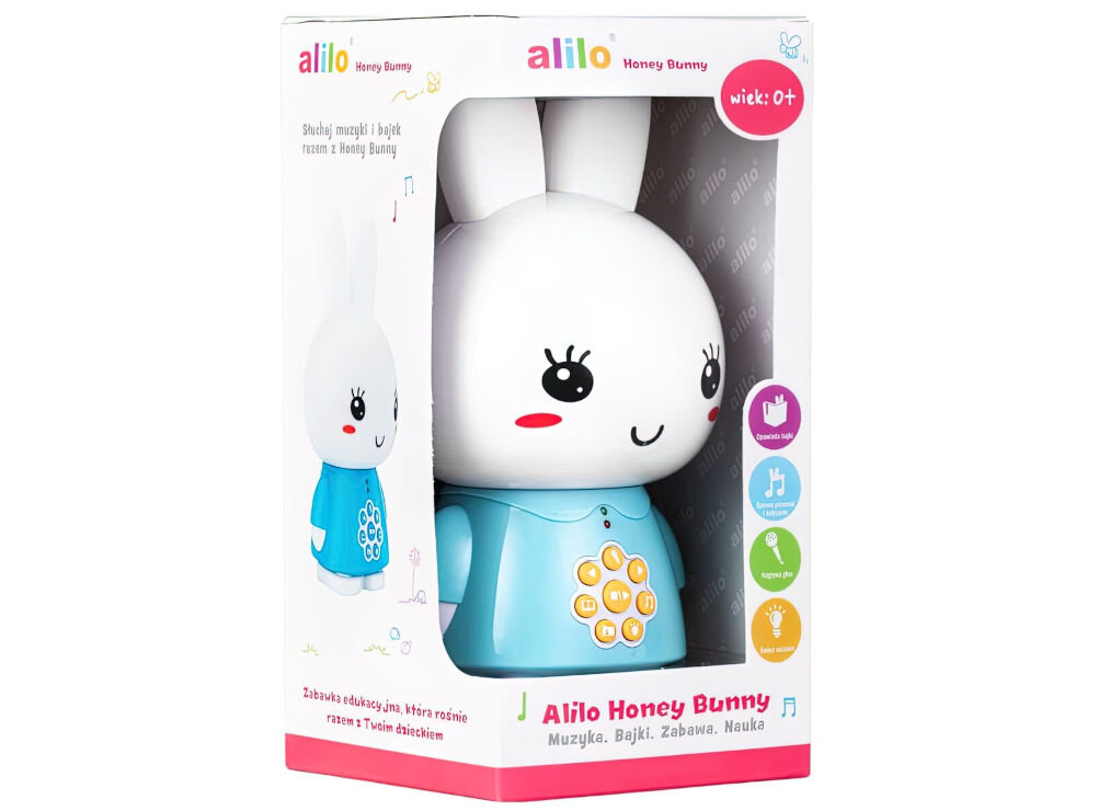 Zabawka interaktywna ALILO Honey Bunny G6 JASNY NIEBIESKI prosty w obsłudze ładuje i łączy się z komputerem przyciski można zablokować, a odtwarzanie przerwać i wznowić w każdej chwili