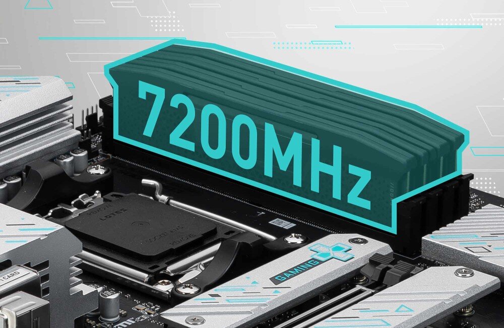 Płyta główna MSI B650M Gaming Plus WiFi Sloty pamięci RAM z nałożoną grafiką przedstawiającą moduł pamięci z dużym turkusowym napisem '7200MHz'