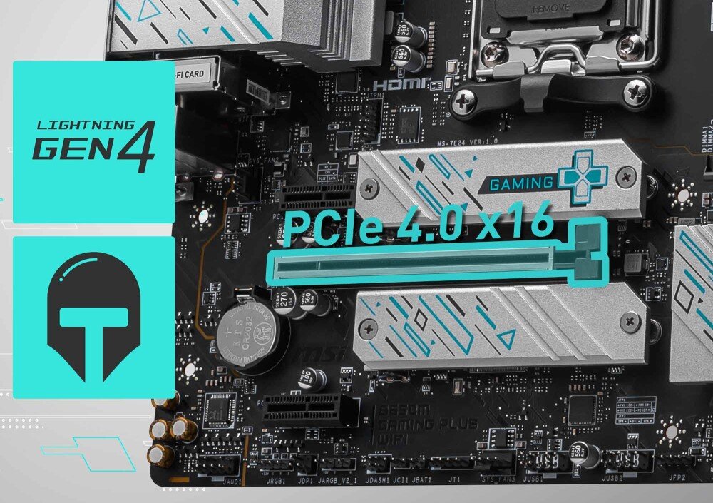 Płyta główna MSI B650M Gaming Plus WiFi Dolna część płyty głównej z grafiką wskazującą na metalowe wzmocnienie slotu PCIe oraz oznaczeniami standardu Lightning Gen 4