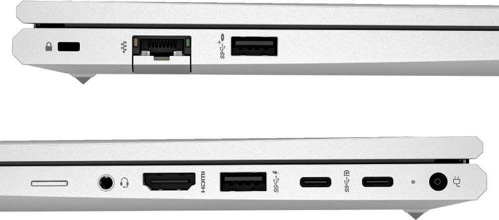 Laptop HP ProBook 440 G10 Zbliżenie na boki laptopa, ukazujące dostępne porty, w tym HDMI, USB-C, USB-A i port słuchawkowy, złącza, gniazda, podłączenie