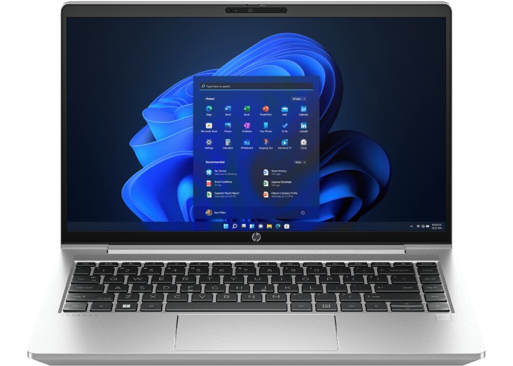 Laptop HP ProBook 440 G10 Laptop widziany od przodu, z otwartym ekranem, na którym wyświetlone są ikony systemu operacyjnego, klawiatura, podświetlenie, czytnik linii papilarnych